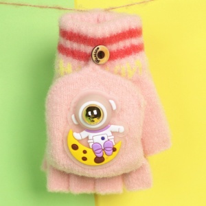 Manusi pentru copii, model cu degetele descoperite si capac decapotabil, prindere cu nasturel, accesorizate cu astronaut, tematica funny day, unisex, marime 4 – 10 ani, roz - Img 3