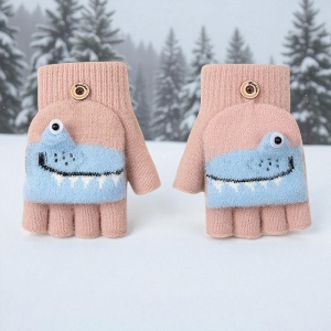 Manusi pentru copii, model cu degetele descoperite si capac decapotabil, prindere cu nasturel, accesorizate cu dinozauri, tematica sweet little monster, baieti, marime 7 – 9 ani, roz cu albastru deschis - Img 3