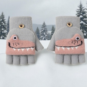 Manusi pentru copii, model cu degetele descoperite si capac decapotabil, prindere cu nasturel, accesorizate cu dinozauri, tematica sweet little monster, baieti, marime 7 – 9 ani, gri deschis - Img 3