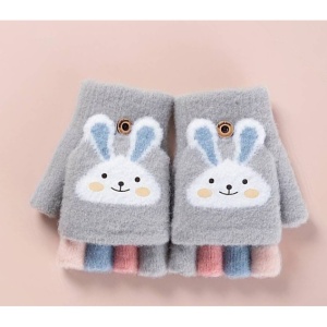 Manusi pentru copii, model cu degetele descoperite si capac decapotabil, prindere cu nasturel, accesorizate cu iepuras, manseta elastica, tematica cute bunny, marime 6 – 12 ani, gri - Img 2