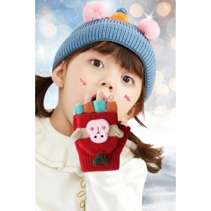 Manusi pentru copii, model cu degetele descoperite si capac decapotabil, prindere cu nasturel, accesorizate cu maimutica haioasa, manseta elastica, tematica happy winter, marime 3 – 6 ani, rosii - Img 2