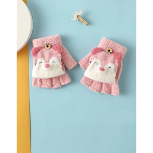 Manusi pentru copii, model cu degetele descoperite si capac decapotabil prindere cu nasture, manseta elastica, accesorizate cu puisor vesel, tematica happy winter, marime 1 – 5 ani, roz - Img 2