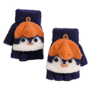 Manusi pentru copii, model cu degetele descoperite si capac decapotabil, prindere cu nasturel, accesorizate cu pinguin simpatic, tematica happy feet, unisex, marime 6 – 24 luni, albastru inchis