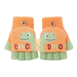Manusi pentru copii, model cu degetele descoperite si capac decapotabil, prindere cu nasturel, accesorizate cu dinozaur, tematica crazy dino, unisex, marime 3 – 5 ani, portocalii