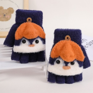 Manusi pentru copii, model cu degetele descoperite si capac decapotabil, prindere cu nasturel, accesorizate cu pinguin simpatic, tematica happy feet, unisex, marime 6 – 24 luni, albastru inchis - Img 3
