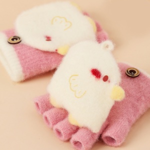 Manusi pentru copii, model cu degetele descoperite si capac decapotabil, prindere cu nasturel, accesorizate cu figurine vesele, tematica I love birds, unisex, marime 3 – 5 ani, roz - Img 2