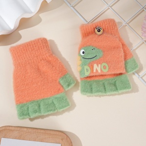 Manusi pentru copii, model cu degetele descoperite si capac decapotabil, prindere cu nasturel, accesorizate cu dinozaur, tematica crazy dino, unisex, marime 3 – 5 ani, portocalii - Img 3