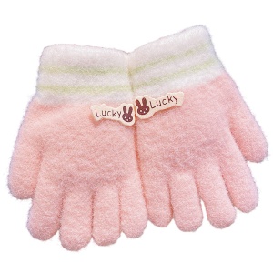 Manusi pentru copii, model pufos si vesel, manseta elastica cu detalii de contrast, tematica lucky bunny, unisex, marime 3 – 8 ani, roz