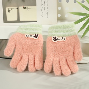 Manusi pentru copii, model pufos si vesel, manseta elastica cu detalii de contrast, tematica lucky bunny, unisex, marime 3 – 8 ani, piersica - Img 2