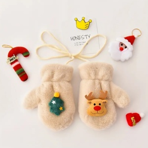 Manusi pentru copii, model super dragalas, moale si pufos, prinse cu snur intre ele, accesorizate cu figurine cute, tematica winter happy baby, 2 - 6 ani, bej - Img 2