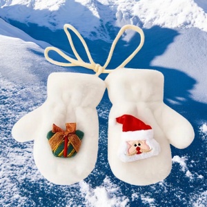Manusi pentru copii, model super dragalas, moale si pufos, prinse cu snur intre ele, accesorizate cu figurine cute, tematica winter happy baby, 2 - 6 ani, albe - Img 3