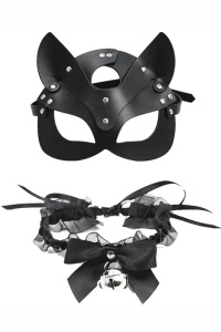 Masca sexy dama, set 2 piese, model provocator pisica obraznica si choker cu tinte, reglabila, tematica young kitty, negru si argintiu