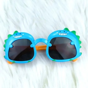 Ochelari de soare pentru copii, unisex, model cu dinozaur prietenos, tematica dino world, marime universala, albastri - Img 3