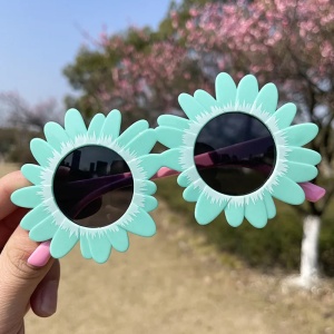 Ochelari de soare pentru copii, unisex, model cu floarea soarelui, tematica beautiful sun flower, marime universala, turcoaz - Img 2