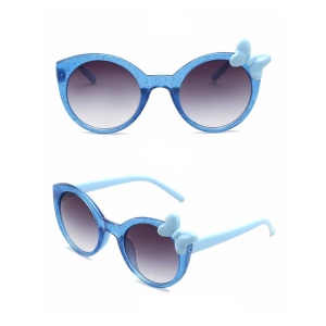 Ochelari de soare pentru fetite, model cu rama semitransparenta accesorizata cu fundita chic, tematica glitter summer, marime universala, albastri - Img 3