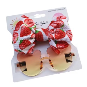 Ochelari de soare pentru fetite, set doua piese, model ursulet prietenos cu funda voluminoasa asortata, imprimeu delicat, tematica cute and fashion, portocalii cu verde