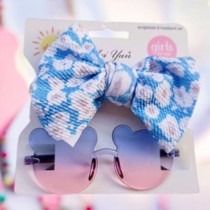 Ochelari de soare pentru fetite, set doua piese, model ursulet prietenos cu funda voluminoasa asortata, imprimeu delicat, tematica cute and fashion, albastru cu roz - Img 3