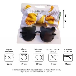 Ochelari de soare pentru fetite, set doua piese, model ursulet prietenos cu funda voluminoasa asortata, imprimeu delicat, tematica cute and fashion, negri - Img 4