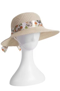 Palarie de dama, model elegant, accesorizat cu funda delicata imprimeu floral, tematica fashion summer, marime universala, bej - Img 3