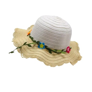 Palarie de soare, copii, model cute de vara pentru fetite, accesorizat cu floricele si frunzulite, prindere sub barbie, margine ondulata, tematica I love flowers, marime universala, bej