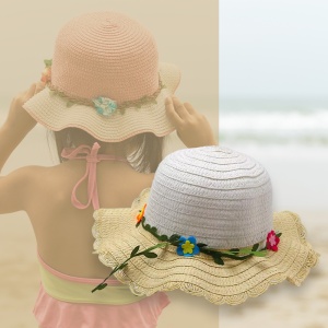 Palarie de soare, copii, model cute de vara pentru fetite, accesorizat cu floricele si frunzulite, prindere sub barbie, margine ondulata, tematica I love flowers, marime universala, bej - Img 2