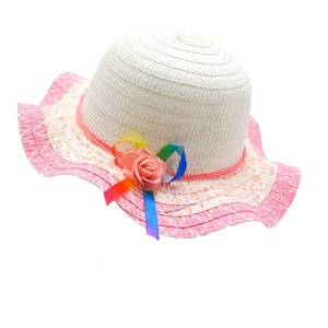 Palarie de soare, copii, model cute elegant pentru fetite, accesorizat cu flori si fundita rainbow, prindere sub barbie, margine ondulata, tematica happy summer, marime universala, roz deschis