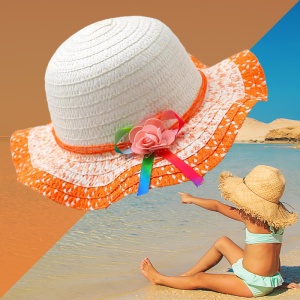 Palarie de soare, copii, model cute elegant pentru fetite, accesorizat cu flori si fundita rainbow, prindere sub barbie, margine ondulata, tematica happy summer, marime universala, portocalie - Img 3