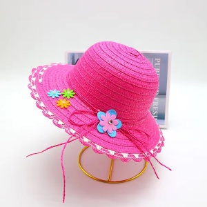 Palarie de soare, copii, model elegant pentru fetite, accesorizat cu flori multiple si fundita din sfoara, prindere sub barbie, margine fixa, tematica fashion summer, marime universala, roz aprins - Img 2
