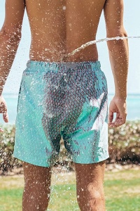 Pantaloni scurti de baie tip sort, barbati, albastru, cameleon, imprimeu geometric romburi, uscare rapida - Img 2