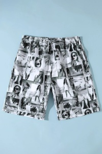 Pantaloni scurti de baie tip sort, barbati, imprimeu vintage grafic cu femei, model vacanta cool, uscare rapida, alb cu maro - Img 3