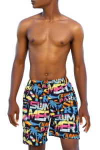 Pantaloni scurti de baie tip sort, barbati, model beach party, imprimeu summer surf, buzunar cu scai, uscare rapida, multicolor