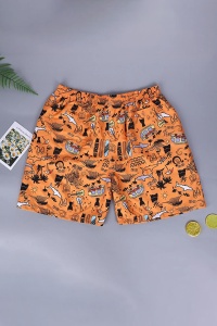 Pantaloni scurti de baie tip sort, barbati, model cu accesorii de plaja, imprimeu grafic tineresc, prindere cu snur, plasa de sustinere, tematica beach party, uscare rapida, portocalii - Img 2