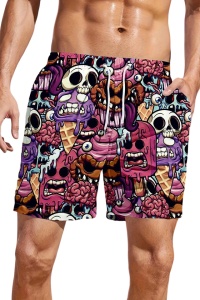 Pantaloni scurti de baie tip sort, barbati, model fierbinte cu capete de schelet, de inghetata topita, hazlii, imprimeu grafic, prindere cu snur, tematica funny hot summer, uscare rapida, multicolori