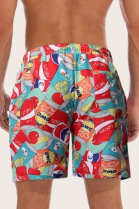 Pantaloni scurti de baie tip sort, barbati, multicolori, imprimeu vesel doze cu suc, uscare rapida - Img 2