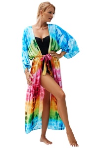 Pareo tip cover up, rochie pentru plaja sau strada, model vesel si elegant, maneci trei sferturi si prindere reglabila, tematica be special, multicolor