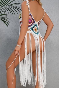Pareo tip rochie pentru plaja, model cu franjuri transparent, tesatura traditionala, tematica crazy retro summer, alb - Img 2