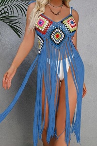 Pareo tip rochie pentru plaja, model cu franjuri transparent, tesatura traditionala, tematica crazy retro summer, albastru - Img 3