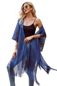Pareo tip rochie pentru plaja sau strada, accesorizata cu perlute pe margine si fir sclipitor, albastru inchis