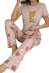 Pijama dama, set 2 piese, bluza cu maneca scurta si pantaloni lungi, model cute cu imprimeu ursuleti dragalasi, tematica little bear, maro deschis