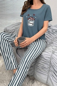 Pijama dama, set 2 piese, bluza cu maneca scurta si pantaloni lungi, model hazliu cu imprimeu grafic, tematica dream big, albastru - Img 3