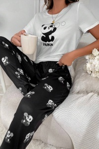 Pijama dama, set 2 piese, bluza cu maneca scurta si pantaloni lungi, model cute cu imprimeu ursuleti jucausi, tematica sleepy panda, negru cu alb - Img 4