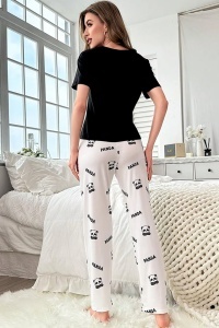 Pijama dama, set 2 piese, bluza cu maneca scurta si pantaloni lungi, model cute cu imprimeu ursulet panda bosumflat, tematica angry panda, negru cu alb - Img 2