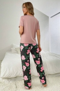 Pijama dama, set 2 piese, bluza cu maneca scurta si pantaloni lungi, model elegant cu imprimeu floral, tematica roses bloom, roz cu negru - Img 2