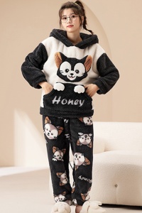 Pijama dama, set 2 piese, bluza maneca lunga cu gluga si pantaloni lungi, model cu animale, pisica honey, tematica I love winter, gri inchis - Img 3