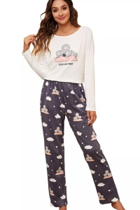 Pijama dama, set 2 piese, bluza maneca lunga si pantalon lung, alb si gri cu imprimeu koala somnoros