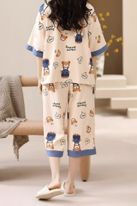 Pijama dama, set 2 piese, bluza maneca scurta cu dublura la piept si pantaloni trei sferturi, model cu ursuleti, tematica happy bear, bej cu albastru - Img 2