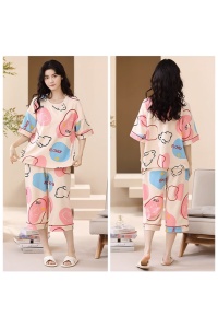 Pijama dama, set 2 piese, bluza maneca scurta cu dublura la piept si pantaloni trei sferturi, model cu iepurasi, tematica I feel cozy, bej - Img 4