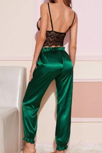 Pijama dama, set 2 piese, bluza tip bustiera si pantaloni lungi, negru cu verde - Img 2