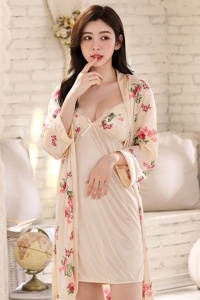 Pijama dama, set 2 piese, rochie scurta si halat asortat, model cu imprimeu floral sexy, tematica flower lady, bej - Img 4
