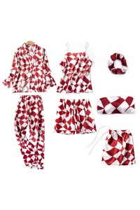 Pijama dama, set 7 piese, model confortabil, print cu romburi, tematica fashion elegant, alb cu rosu